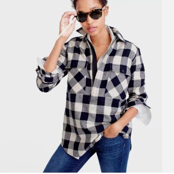 EUC - J. Crew Buffalo Plaid Flannel 1/2 Zip - Blue and Black